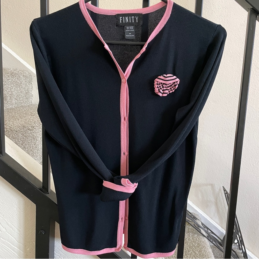 FINITY cardigan cool knit button up pink trim top